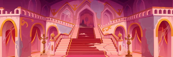 古旧的混乱城堡内部与破碎的楼梯 被撕破的地毯 墙壁的裂缝 楼梯和蜘蛛网 病媒卡通画等肮脏的王宫废弃大厅 — 图库矢量图片