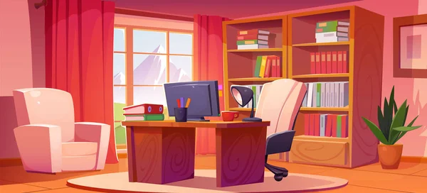 Home Office Interior Design Furniture Mountain View Window Vector Cartoon — Stock Vector