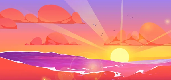 Cartoon Seascape Sunset Horizon Vector Illustration Sun Sitting Rising Ocean — Stock Vector