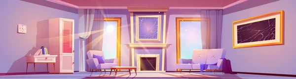 暖炉と朝のモダンな家具付きのリビングルームのインテリア ソファ アームチェア コーヒーテーブル 大きな窓や壁に絵 ベクトル漫画のイラストと空のラウンジ — ストックベクタ