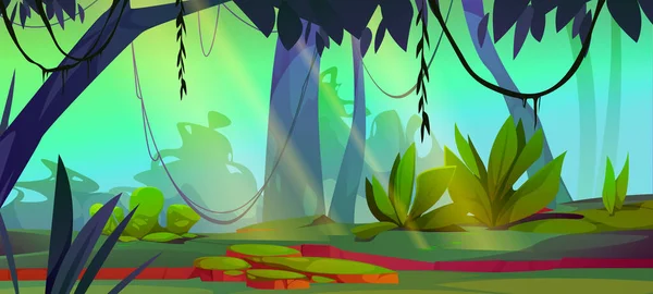 Tropischer Dschungel Wald Cartoon Naturlandschaft Amazonas Regenwald Mit Strahlenlicht Sonnigen — Stockvektor