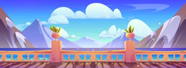 Cartoon Βεράντα Θέα Θάλασσα Βουνό Διάνυσμα Εικονογράφηση Θαλάσσιο Ποτάμι Και — Διανυσματικό Αρχείο