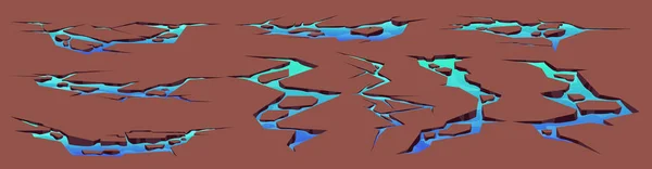 中に青い水で干ばつの土地の亀裂の漫画セット 損傷した砂漠の表面上の穴のベクトル図 乾燥した暑い気候は土壌に影響します 背景に隔離されたゲームデザイン要素 — ストックベクタ