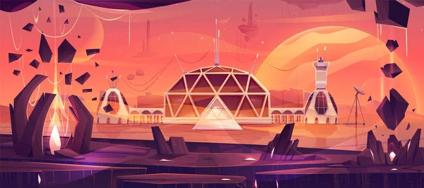 火星上的太空殖民地卡通画景观 未来派外星基地城市在沙漠表面的图解 未来主义宇宙飞船探索和殖民游戏任务背景 — 图库矢量图片