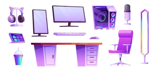 Geïsoleerde Game Computer Streamer Kamer Interieur Vector Set Cartoon Neon — Stockvector