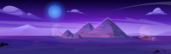 Malam Mesir Gurun Dengan Vektor Lanskap Piramida Kartun Kuno Arabian - Stok Vektor