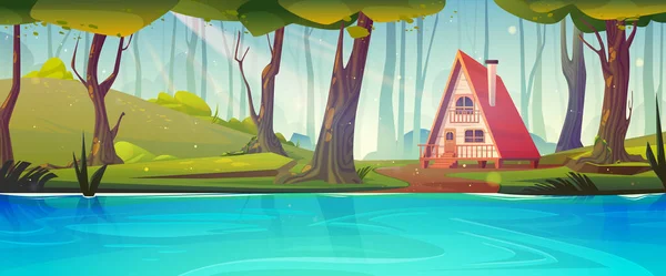 Ferienhaus Wald Der Nähe Des Flusses Märchenhafte Hintergrund Illustration Baum — Stockvektor