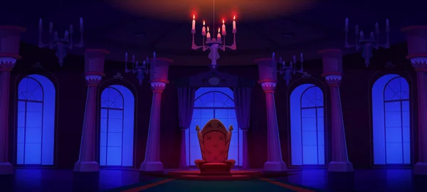 Ночной Дворец Зал Зал Зал Троном Прожектором Мультфильма Фоне Тёмная — стоковый вектор