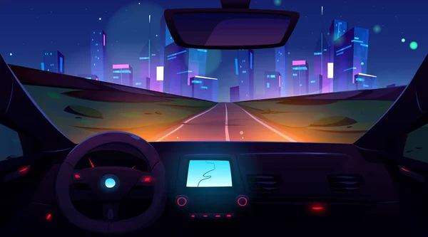 Αυτοκίνητο Αυτοκίνητο Αυτοκίνητο Νύχτα Δρόμο Στην Πόλη Εικονογράφηση Κινουμένων Σχεδίων — Διανυσματικό Αρχείο