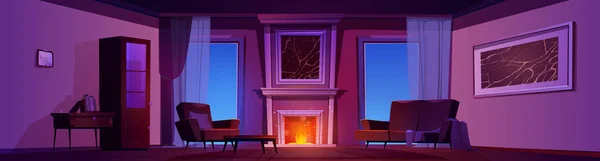 燃える暖炉の漫画のイラストと夜のヴィンテージリビングルーム ホテルのアパートでアームチェアとソファ付きの暗い高級インテリア 大理石の画像と木製のテーブルとフロントビューゲームラウンジシーン — ストックベクタ