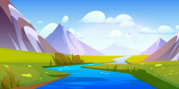 Rzeka Strumień Wody Widok Góry Krajobraz Ilustracji Piękny Wektor Kreskówki — Wektor stockowy