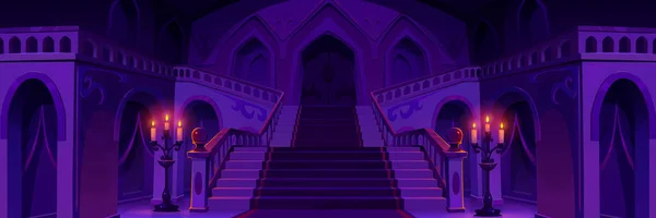 皇家宫殿走廊 夜间有楼梯 矢量卡通画中世纪城堡室内设计与地毯楼梯 吊灯与蜡烛 哥特式门楼上 童话背景 — 图库矢量图片