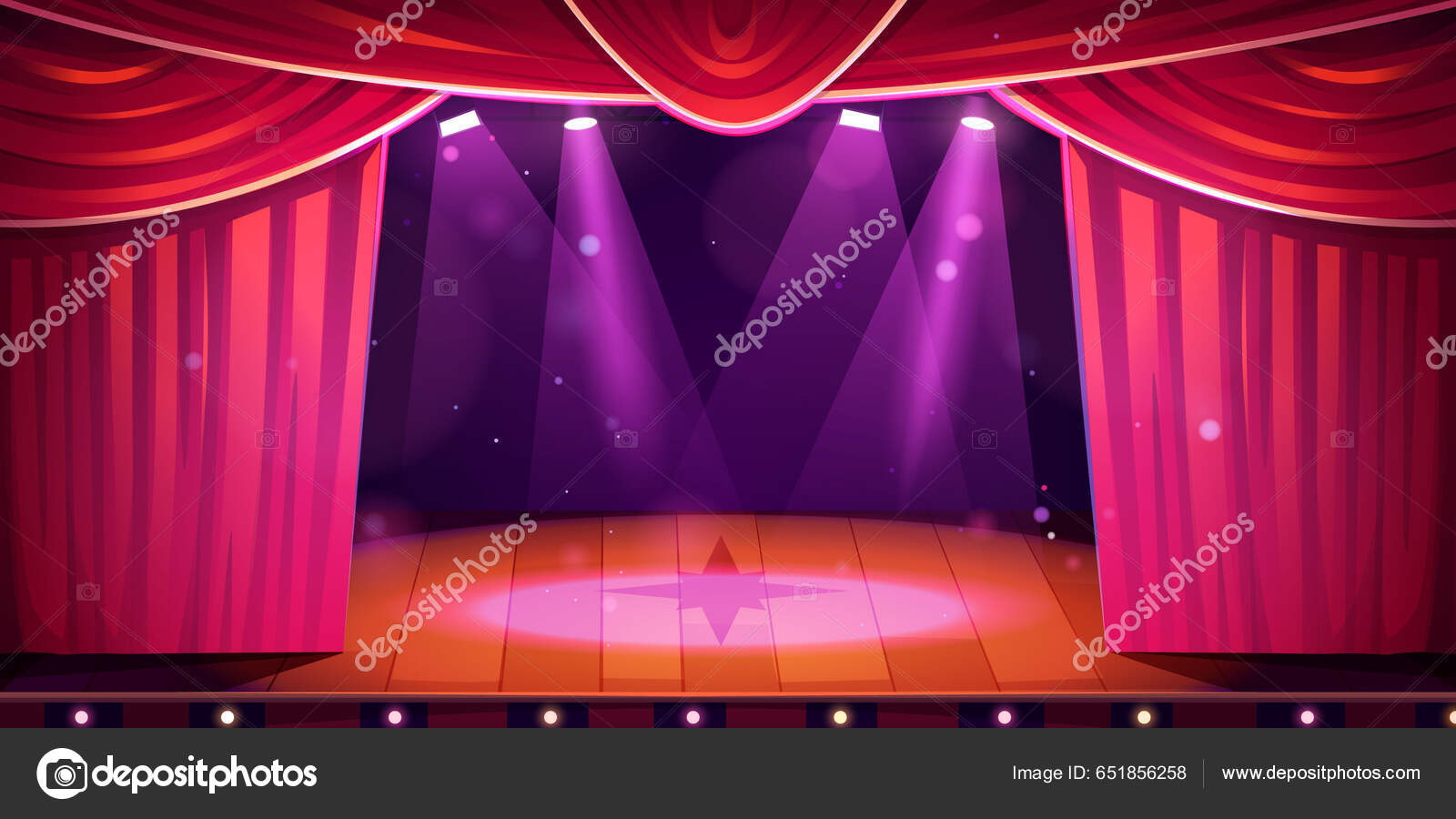 Palco de teatro com cortinas vermelhas e em luz. Desenho animado vetorial  ilustração do interior do