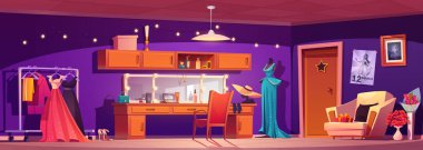 Ayna görünümlü, sahne arkası vektör karikatür arka planı olan aktörler için makyaj odası. Askıda tiyatro kostümü olan bir sirk gardırobu. Kapalı alan Broadway Tiyatro Yıldızı Stüdyo iç tasarımı.