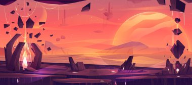 Mars gezegeni çöl karikatürü vektör uzay manzarası. Mars yüzeyinde kızıl gökyüzünün altında kaya ve dağ var. Muhteşem galaksi ufku. Oyun kozmik başlangıç ekranı uilüstrasyonu Uçan Taş ile.