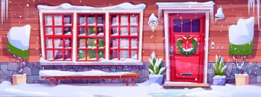 Yılbaşı ön kapısında verandanın yanında çelenk olan kış çizgi filmi çizimleri. Xmas dekorasyonu ev dış görünüşü, çalı çırpı ve bankta kar. Yeni yıl açık hava köyü sahnesi. Kapalı kulübe girdisi