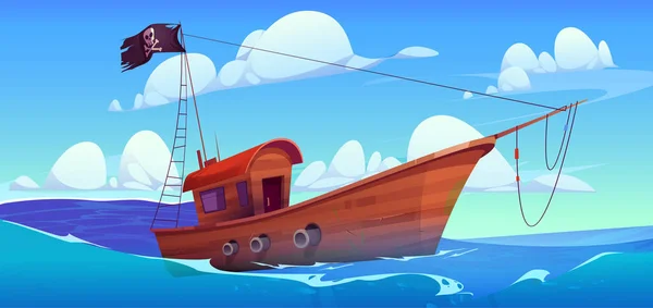 Kreskówkowy Statek Piracki Pływający Wodach Morskich Wektorowa Ilustracja Starej Drewnianej — Wektor stockowy