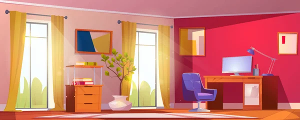 窓に家具や夏の庭の景色と漫画のホームオフィスのインテリア 机の上にコンピュータ付きの部屋のベクトルイラスト 快適なアームチェア 棚の上の本 フリーランスの仕事のためのワークスペース — ストックベクタ