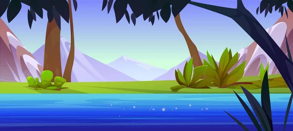 森林や山の景色のベクトルの背景に川 湖の水と空の美しい漫画のイラストと夏の緑の自然 小川と穏やかな屋外牧草地パノラマの地平線 — ストックベクタ