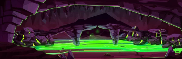 有毒湿地と暗い洞窟のゲームの背景 山の中で私の幻想的な風景 緑の汚れた毒水の湖と地下トンネル ベクトル漫画のイラスト — ストックベクタ