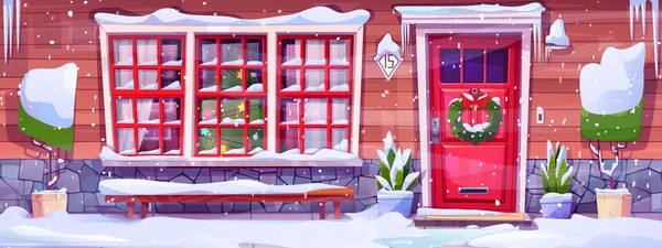 Porta Frente Natal Com Grinalda Perto Casa Alpendre Ilustração Desenhos —  Vetores de Stock