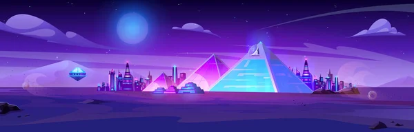 ピラミッドの背景を持つ夜の未来的なネオンエジプトの都市 ランドマークと砂漠の風景の中に暗いサイバーアーキテクチャ 照らされた紫の古代の環境 月の輝きを持つカイロの夢の街 — ストックベクタ