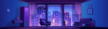 Night living room interior with panoramic window cartoon vector background. Home furniture with couch, bookshelf and armchair. Pink and purple large luxury hotel apartment with day skyscraper city clipart