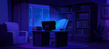 Geceleri masa başında bilgisayar, sandalye ve kitaplık olan bir ofis. Masasında, koltuğunda, penceresinde perdeleri ve raflarında kitapları olan boş karanlık çalışma dolabı, vektör karikatür çizimi