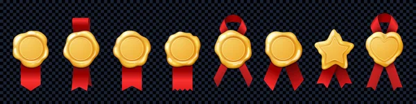 リボンベクトル証明書バッジ付きゴールドワックススタンプ 透明背景に黄色と赤で隔離されたディプロマメダルシール 最高の品質または排他的な保証の提供のためのゴールデンサークルタグ賞 — ストックベクタ