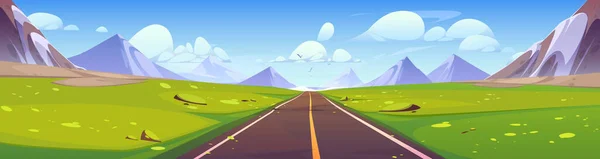 道路や山の漫画の風景です 水平線への直線上の青い空と緑の草 ゲームの冒険のためのアルプスと空の夏の旅のパスシーン アスファルト高速道路や山のパノラマビュー — ストックベクタ