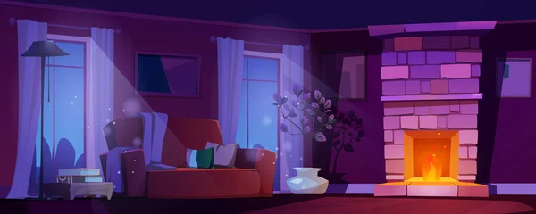 Noční Obývací Pokoj Interiér Krbem Pohovka Domě Kreslené Ilustrace Home — Stockový vektor