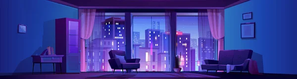 パノラマの窓の漫画の背景と夜のリビングルームのインテリア ソファ アームチェア付きの家庭用家具 超高層ビル街のピンクと紫の大規模な高級ホテルアパート — ストックベクタ
