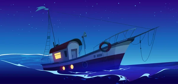 渔船在海上或海上的夜晚 水面上的拖网渔船 带有海船和星空的夜景 矢量卡通画 — 图库矢量图片