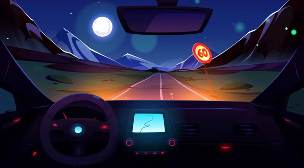 Geceleri Dağ Yolunda Araba Sürüyor Otomotiv Içindeki Gösterge Panelinin Vektör — Stok Vektör