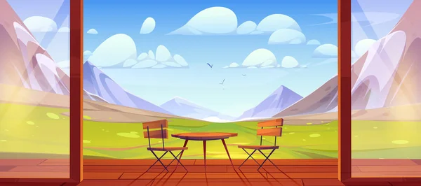 Terrasse Bois Avec Vue Sur Montagne Alpine Illustration Vectorielle Dessin — Image vectorielle