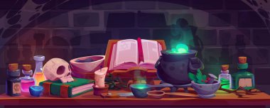 Alchemist table in witch house cartoon background. Old laboratory room for magician game illustration. Skull, elixir in bottle with cork, tree branch and cauldron with poison in wizard lab dungeon. clipart