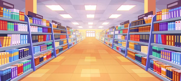 Buchhandlung Gang Interieur Mit Regal Cartoon Illustration Einzelhandel Supermarkt Vektor — Stockvektor