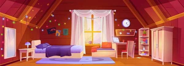 Tavan Arası Kız Yatak Odası Masa Başı Karikatür Geçmişi Var — Stok Vektör