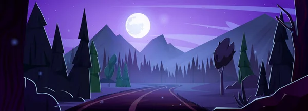 森の漫画のイラストで夜の道路 キラキラと山のベクトルの風景と満月の光 空の濃い紫色の自然松の木のシルエットと高速道路屋外ホラーパノラマ — ストックベクタ