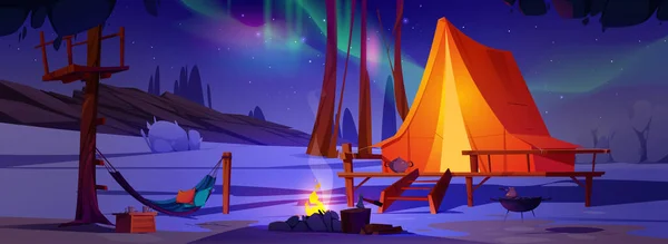 stock vector Northern lights camping and night illustration. North polar camp with bonfire and aurora sky in park. Nordic borealis scene landscape vector background. Scandinavian campfire recreation in snow