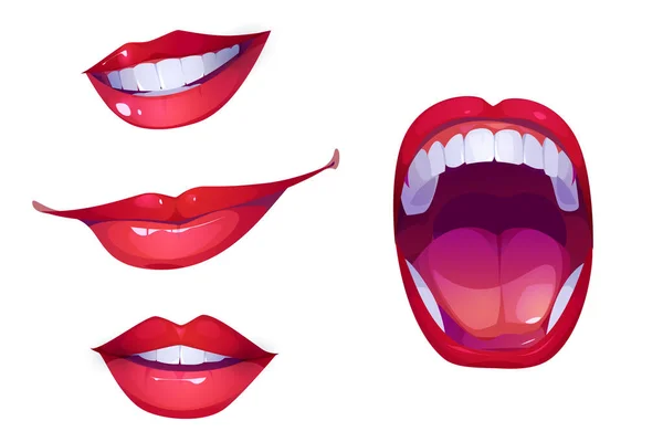 Kvinna Mun Illustration Vektor Uppsättning Tecknad Kvinnliga Läppar Med Skrik — Stock vektor