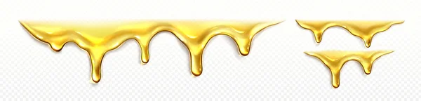 石油或液体糖浆滴下和流动 清澈的黄色酱汁 融化的焦糖 蜂蜜或芳香油 在透明的背景下分离出来 病媒逼真 — 图库矢量图片