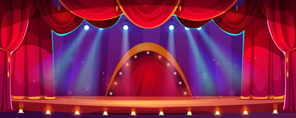 马戏团或剧场舞台 有红色窗帘和拱门 背景上有灯泡 带有聚光灯和渲染效果的空场景演播室 矢量卡通画 — 图库矢量图片