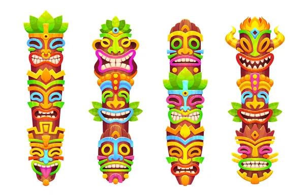 Tótems Tribales Hawaianos Con Máscaras Tiki Postes Estatuas Madera Dios — Vector de stock