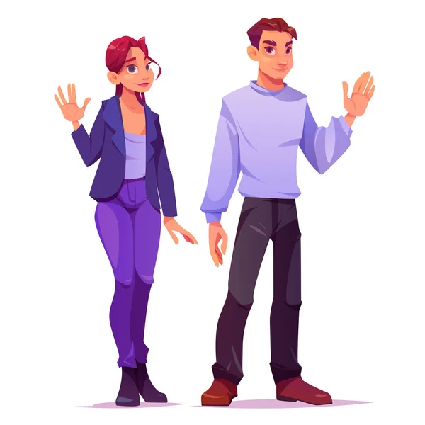 Waving Hand Welcome People Vector Illustration Young Man Woman Say — Stock Vector