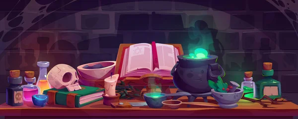 Alchemist Tafel Heksenhuis Cartoon Achtergrond Oude Laboratorium Ruimte Voor Goochelaar — Stockvector