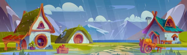 Dešťová Vesnice Scéna Roztomilou Fantasy Trpasličí Dům Kreslené Ilustrace Deštivý — Stockový vektor