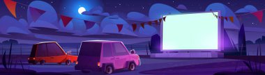 Night drive in outdoor cinema parking illustration. Theater festival with garland for auto on big screen. Air entertainment event for watching film in car outside in summer. Modern video performance clipart