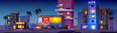 Miami City caddesinde neon ışıkları ve yolu olan gece binaları. Çizgi film illüstrasyonu, retro-amerika otel dairesi, kafe ve market dışı. Şehir silueti ve gökyüzü yıldız manzaralı.
