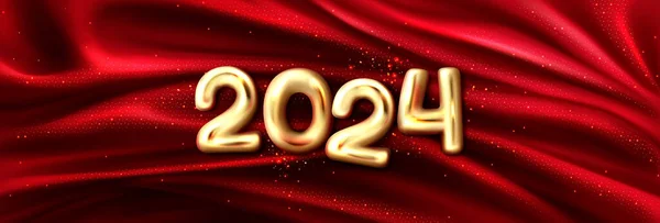 红色丝绸布背景上的金色2024数字 矢量逼真的黄色彩色3D图形图解 光滑的金属装饰上闪闪发光的缎子拉风 新年大旗 节日庆祝 — 图库矢量图片